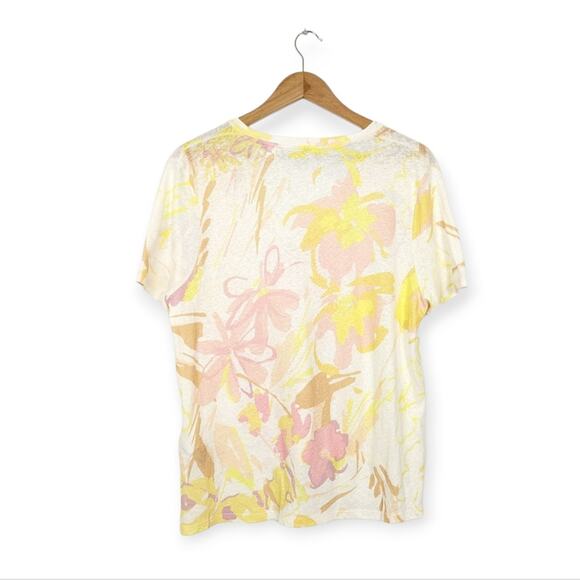 Ted Baker London Pink & Yellow Floral Print Linen Blend V-Neck Tee - Picture 2 of 7
